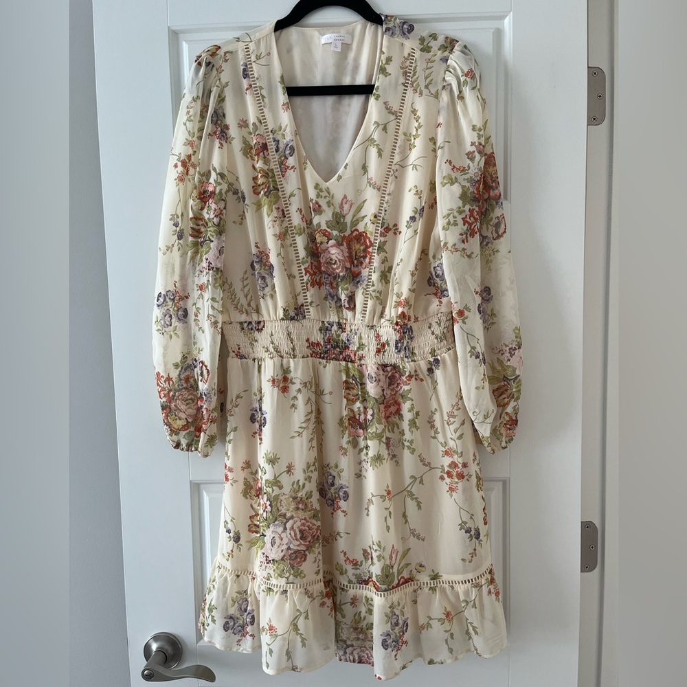 LC Lauren Conrad Cream Floral Long Sleeve V-Neck Dress